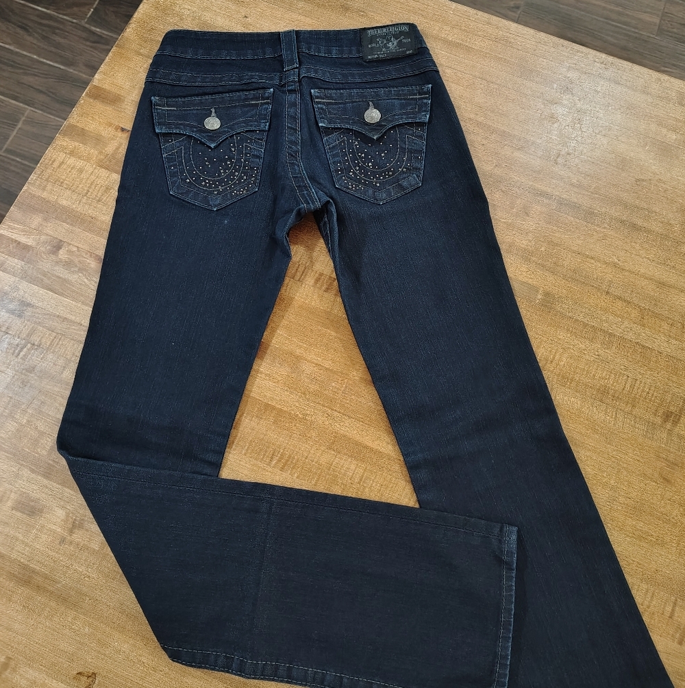 True Religion Dark Blue Wash Studded Embellished Billy Straight Y2K Jeans LowRis
